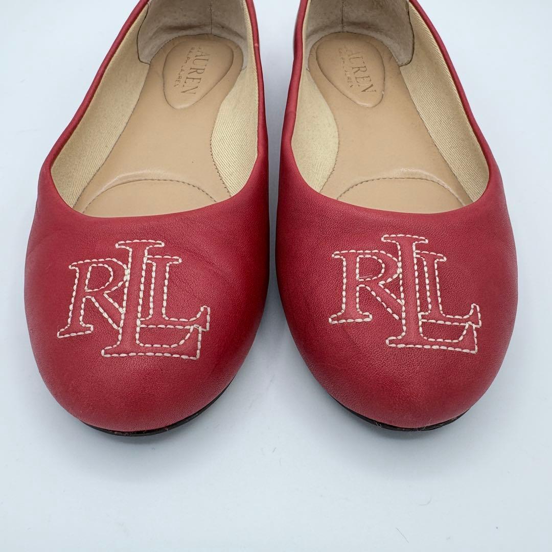 ローレンラルフローレン　フラット　レザーパンプス赤　US5 ロゴ　バレーシューズ