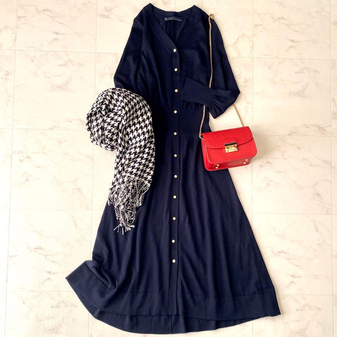 美品.定価3.5万☆マルティニーク ニットワンピース フレア 金ボタン