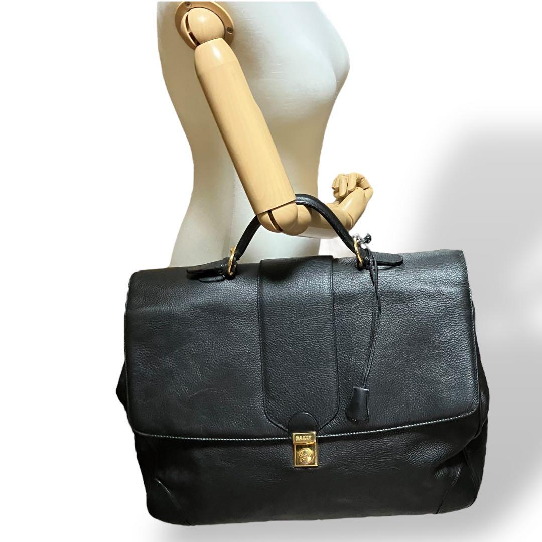 美品 2146 BALLY ボストンバッグ シボ革 鍵 ゴールド金具 黒 大容量