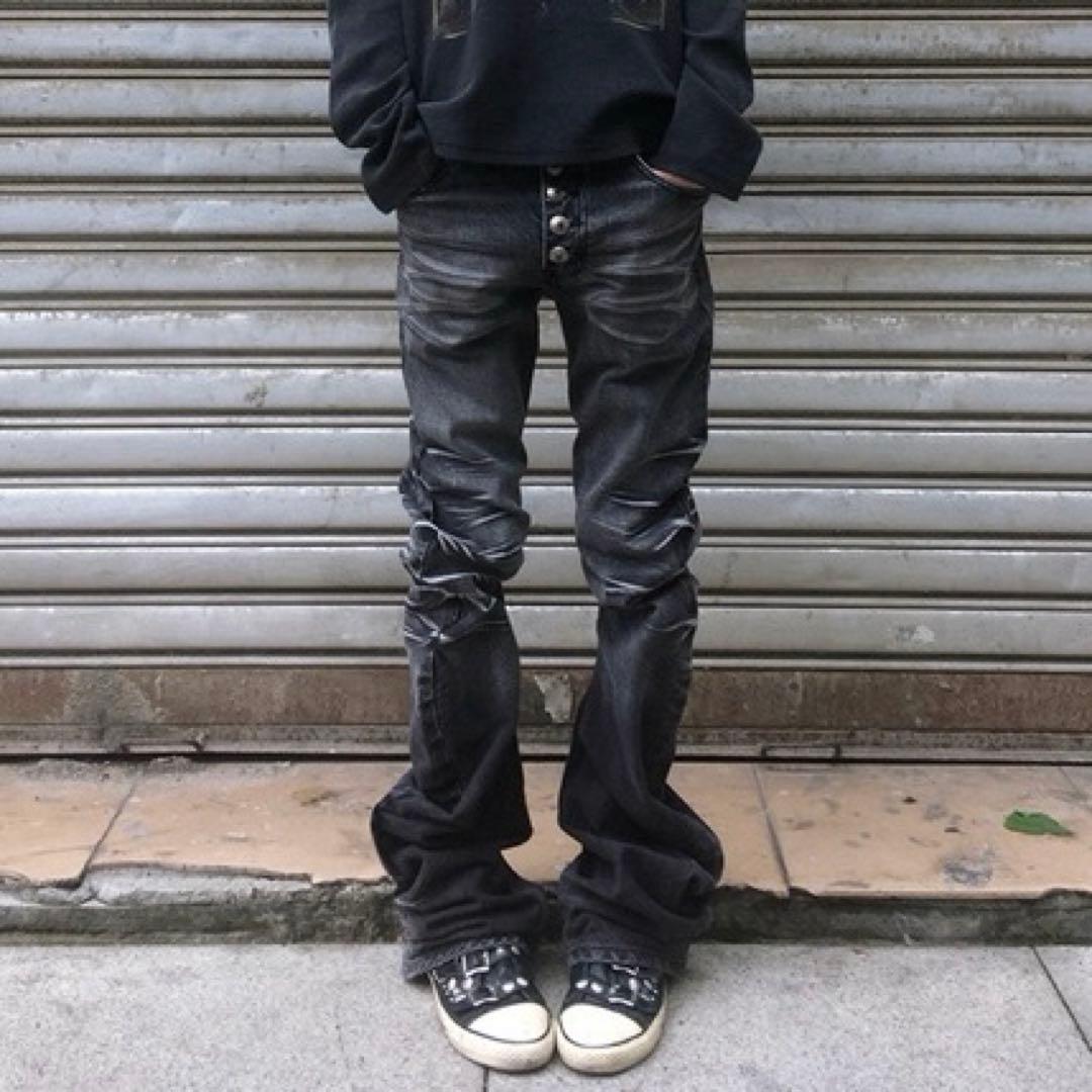 パンツ Black long straight denim pants bolan