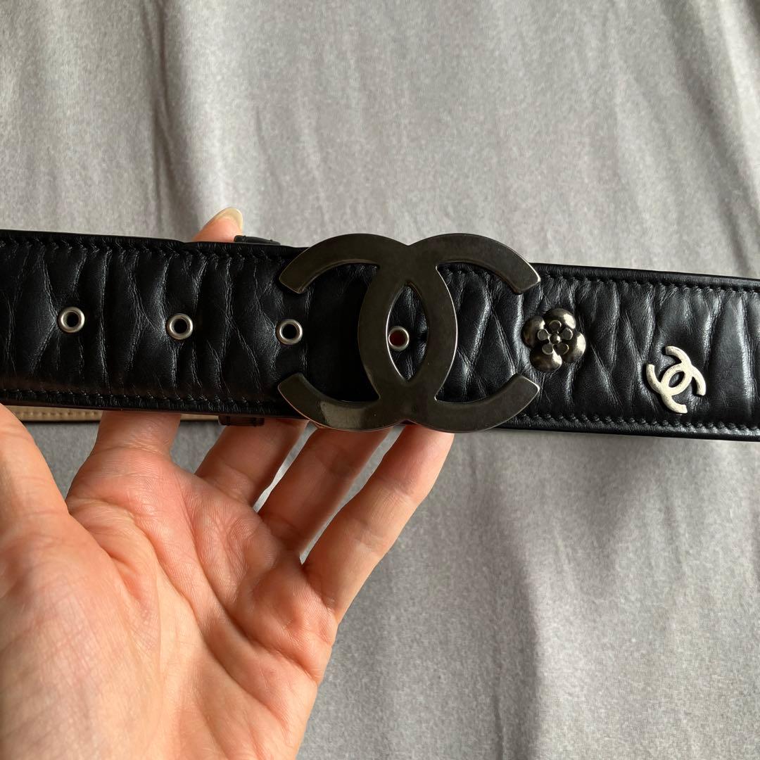 CHANEL ブラックレザー ベルト スタッズ付き　訳あり