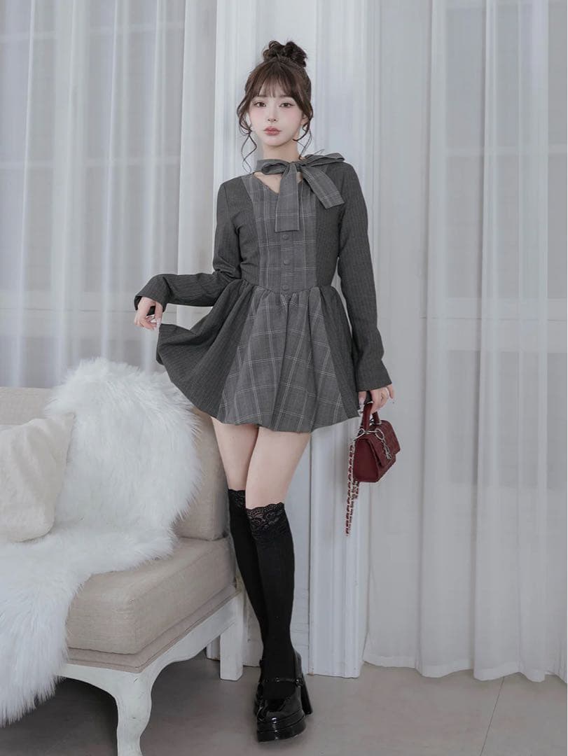 チェックストライプバルーンミニワンピース GRY FREEサイズ ノベルティ付き
