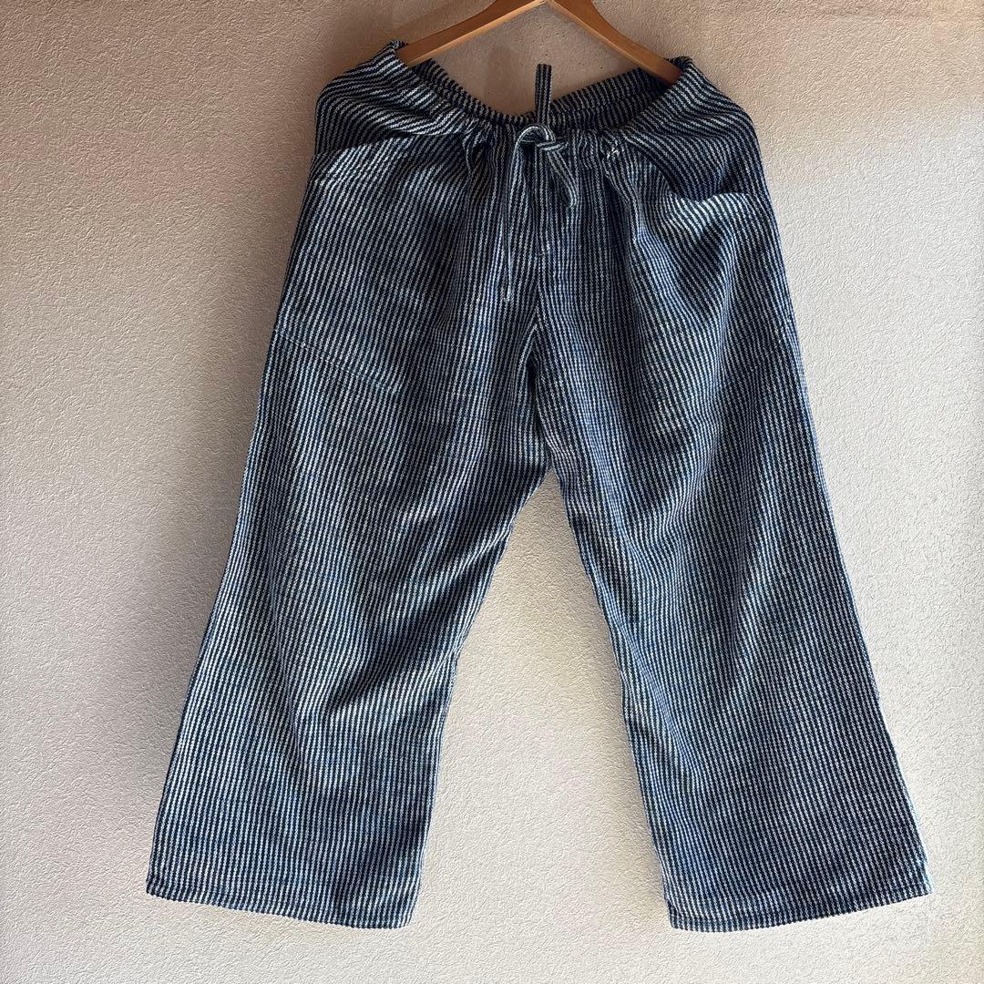 うさとの服  usaato ヘンプコットン 藍染めボーダー ストレートパンツ美品