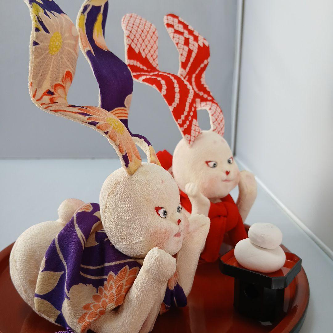 私の手作り/頬杖福耳ウサギ/古布ちりめん/お月見だんご付きセット