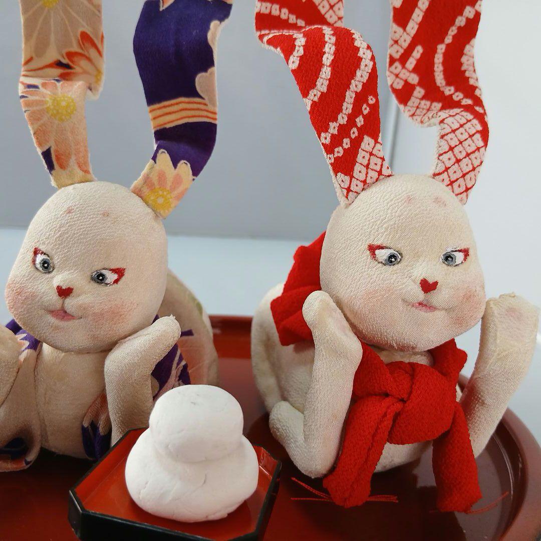 私の手作り/頬杖福耳ウサギ/古布ちりめん/お月見だんご付きセット