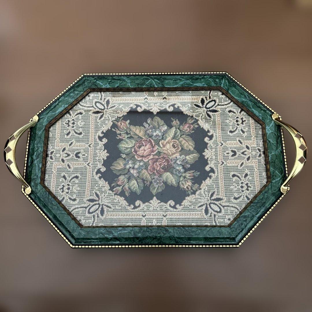 アンティーク　ヴィンテージ　Demain ドマン　イタリア　トレイ 花柄刺繍