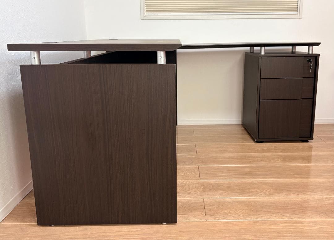 ダークブラウン L字型パソコンデスク 引き出し付き
