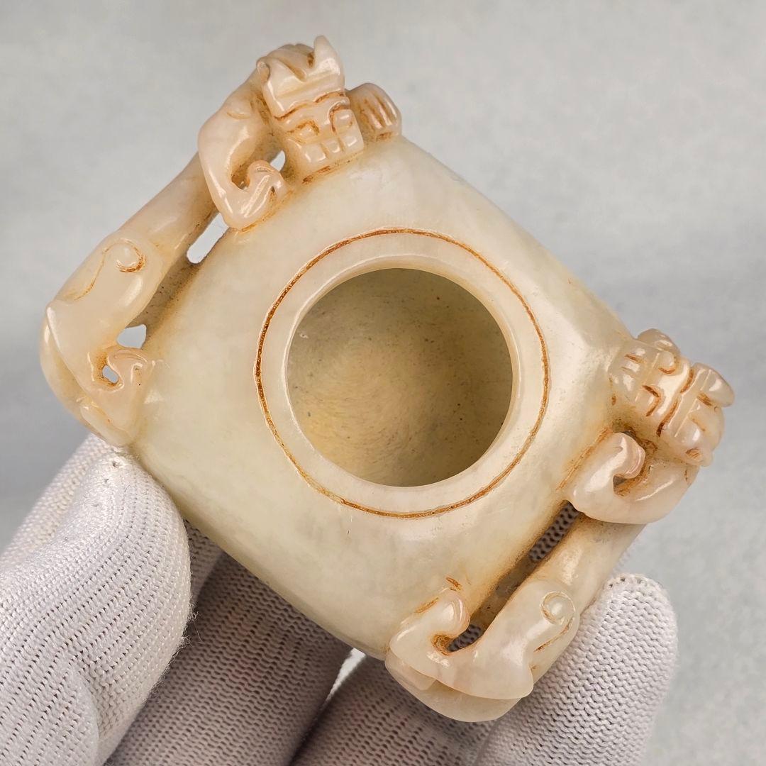 古文房具 本物和田白玉 原石 手彫 清代 双龍出郭 筆洗 筆添 墨池 水鉢 激安