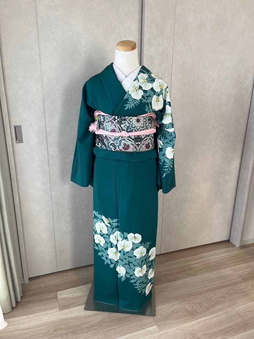 着物 訪問着 深緑色 花柄