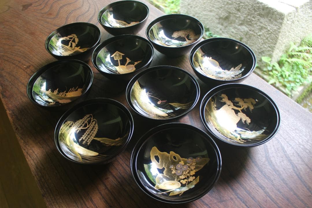 絵柄選択可！時代黒漆に極上千鳥見返し蒔絵の映えるお椀10点（検輪島塗懐石椀蒔絵椀