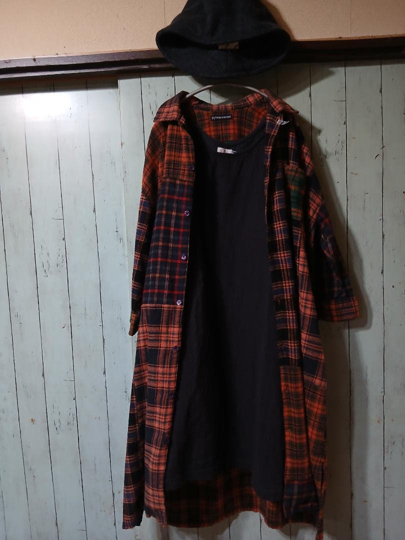 着1回　 パッチワーク　ネル　チェック　九分袖　シャツワンピ　プロフで全品見て