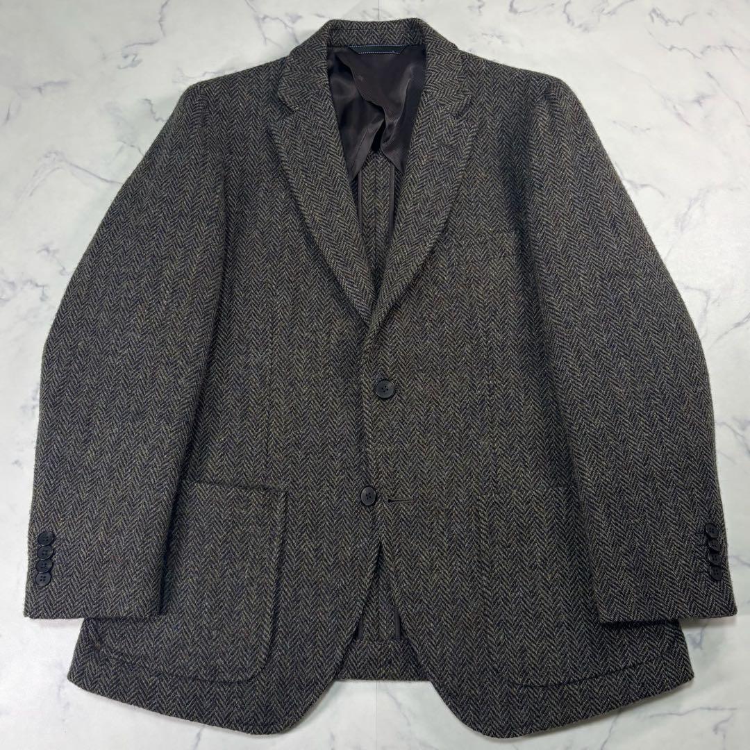 ハリスツイード テーラードジャケット ヘリンボーン 総柄 ウール モスグリーンM