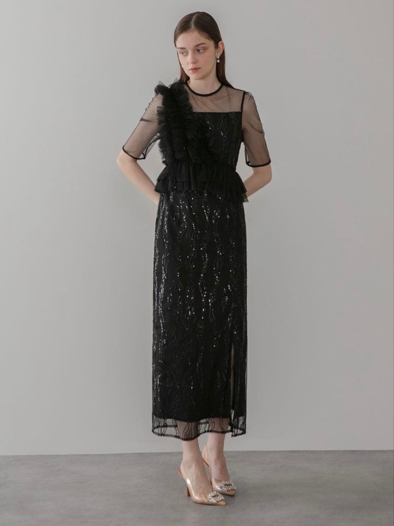 アシンメトリーフリルチュールIラインワンピースドレス結婚式パーティー二次会成人式