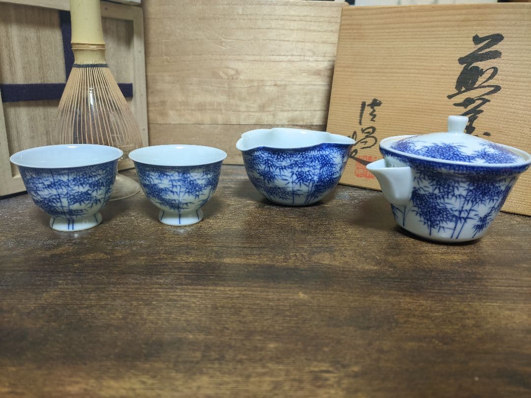 京焼 平安 清昌 染付 竹 竹林 急須 宝瓶 湯冷まし 煎茶碗 煎茶道具 共箱