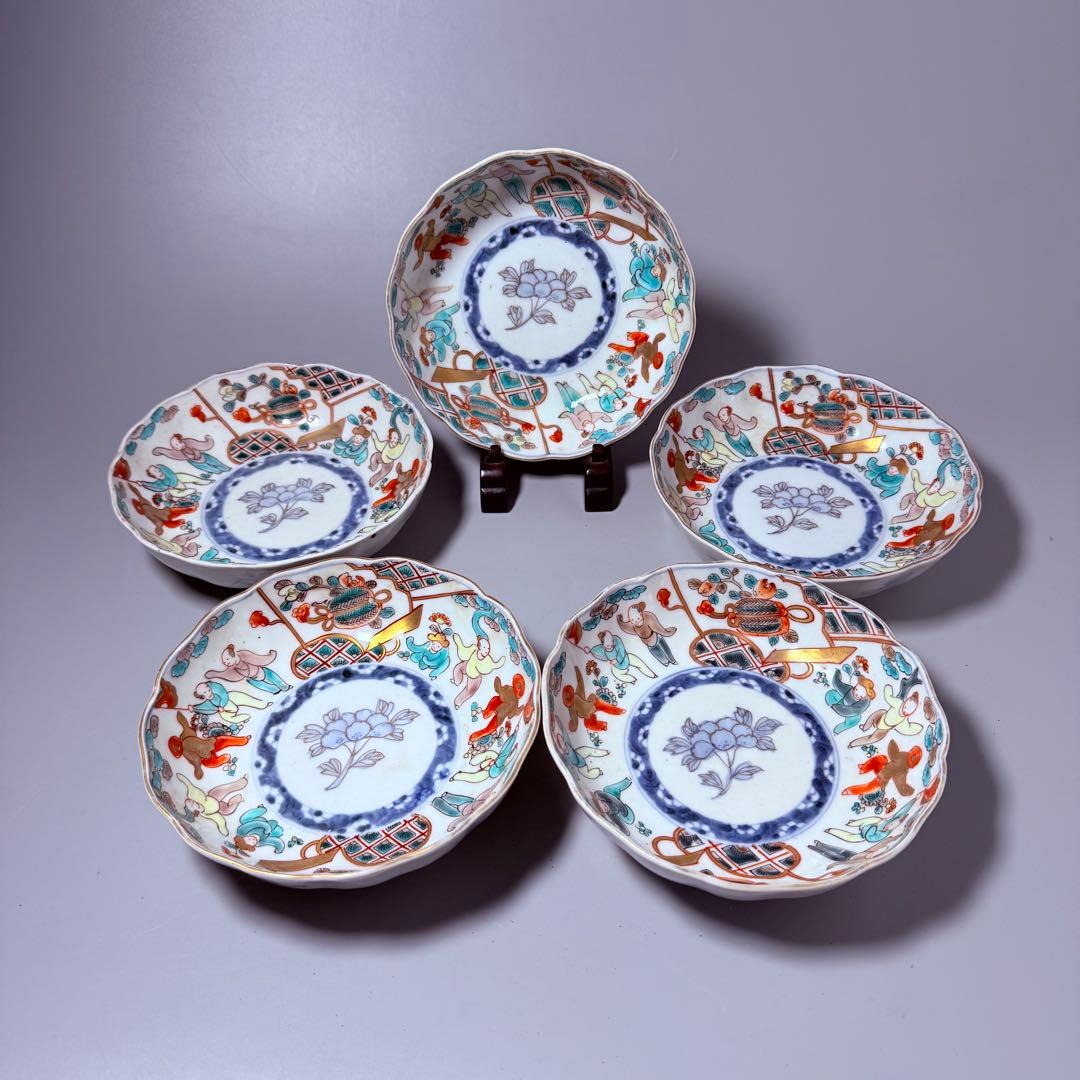江戸後期～明治期　色絵人物図なます皿　5枚　珍しい絵付　蛇の目高台