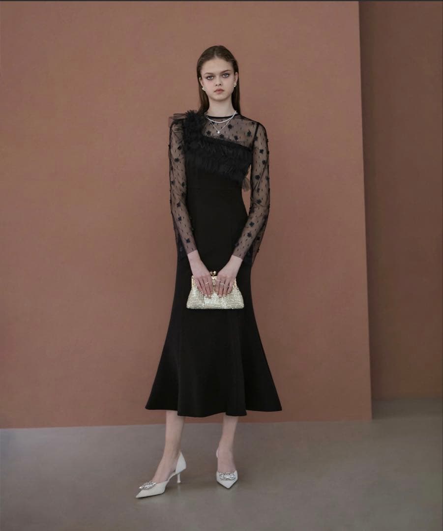 LEJA フラワーモチーフアシンメトリーチュールマーメイドワンピースドレス