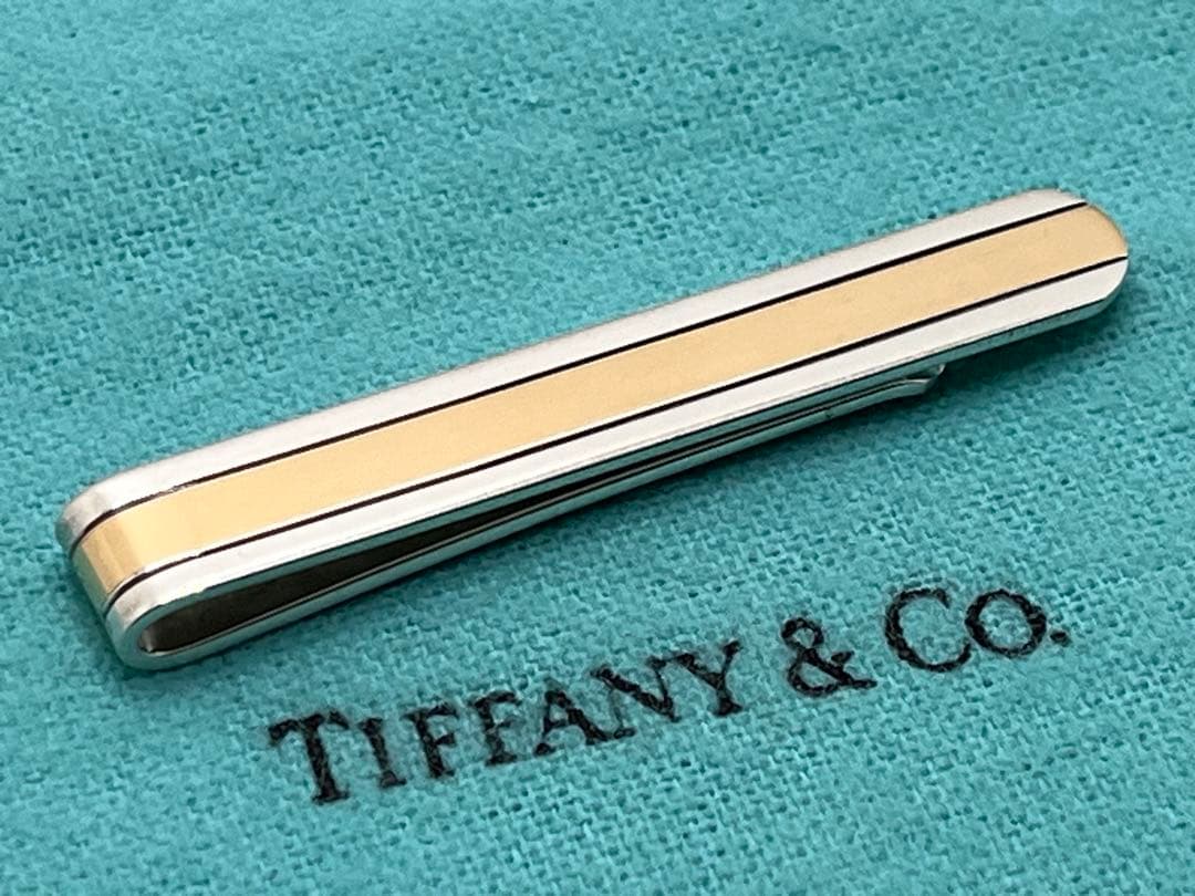 c304 希少ティファニー　ゴールドライン　コンビ　ネクタイピン　18K/925