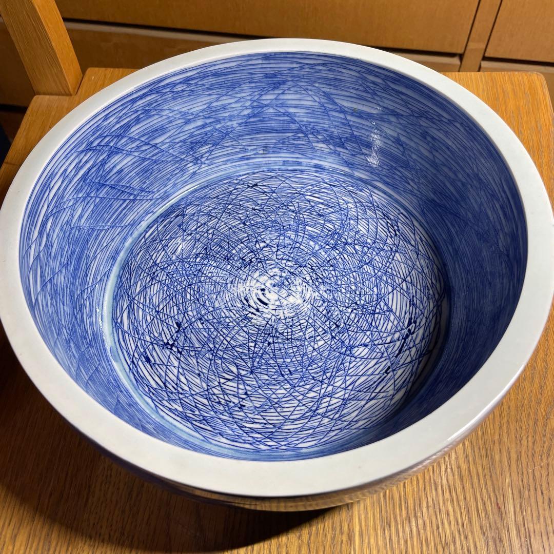 吉川正道　染付線紋銅鑼鉢