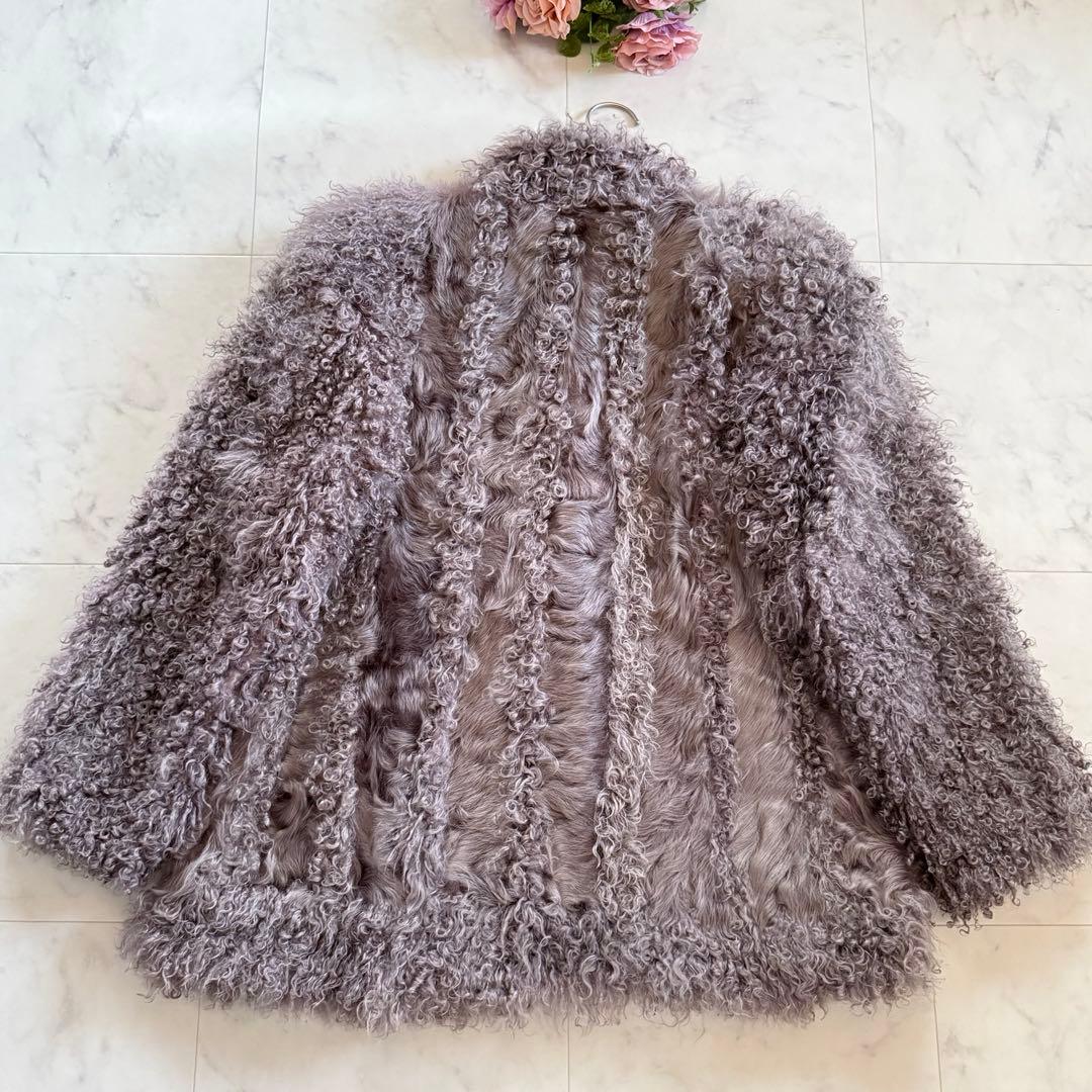 希少 カルガンラムファー パープルグレー コート リアルファー ボリューム◎