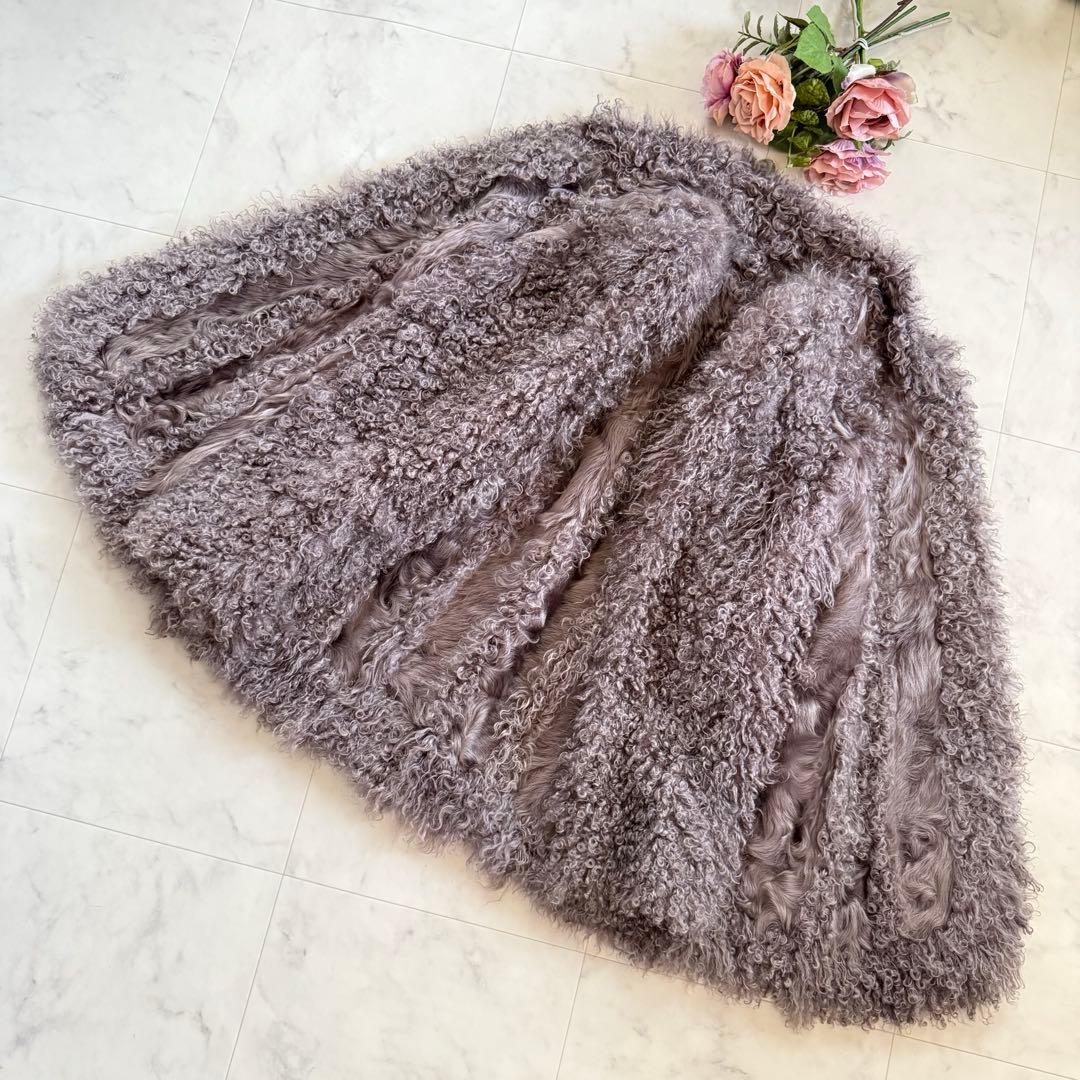 希少 カルガンラムファー パープルグレー コート リアルファー ボリューム◎