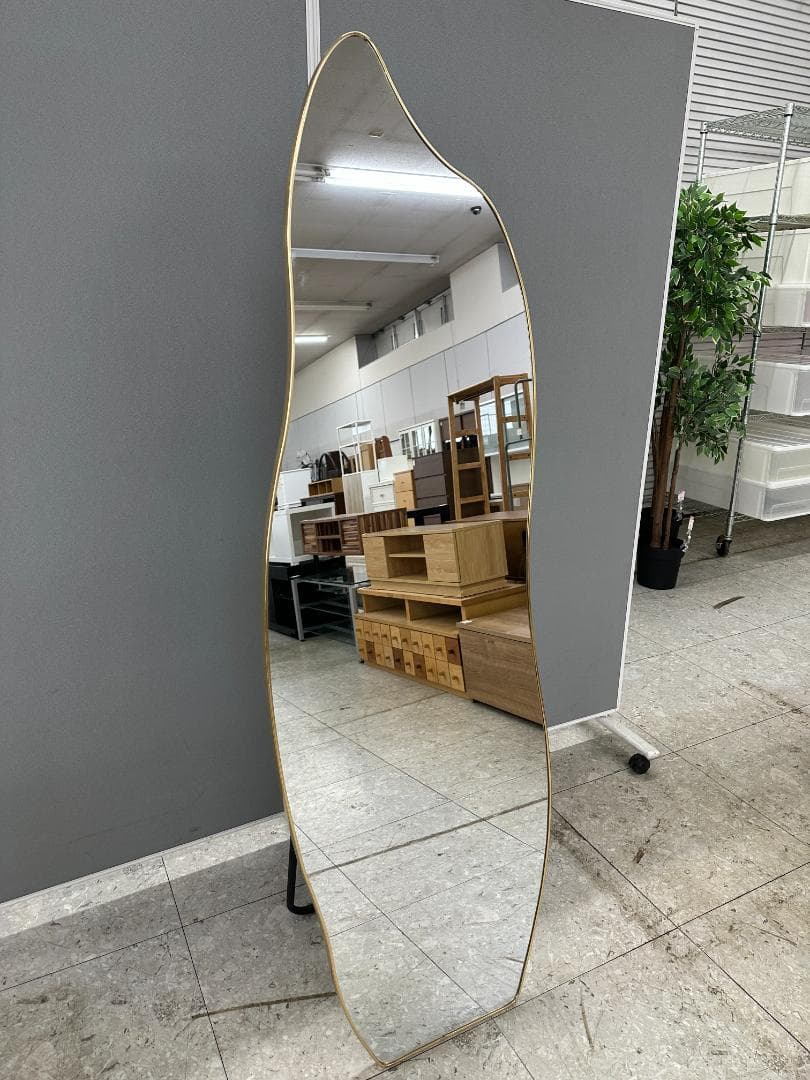 鏡　姿見　スタンドミラー　ウェーブミラー　ゴールド