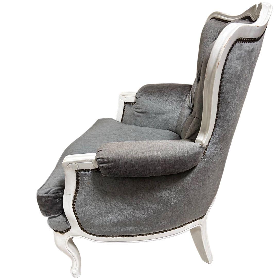 カリモク　ロココ調　グレー　アンティーク　シングルソファ