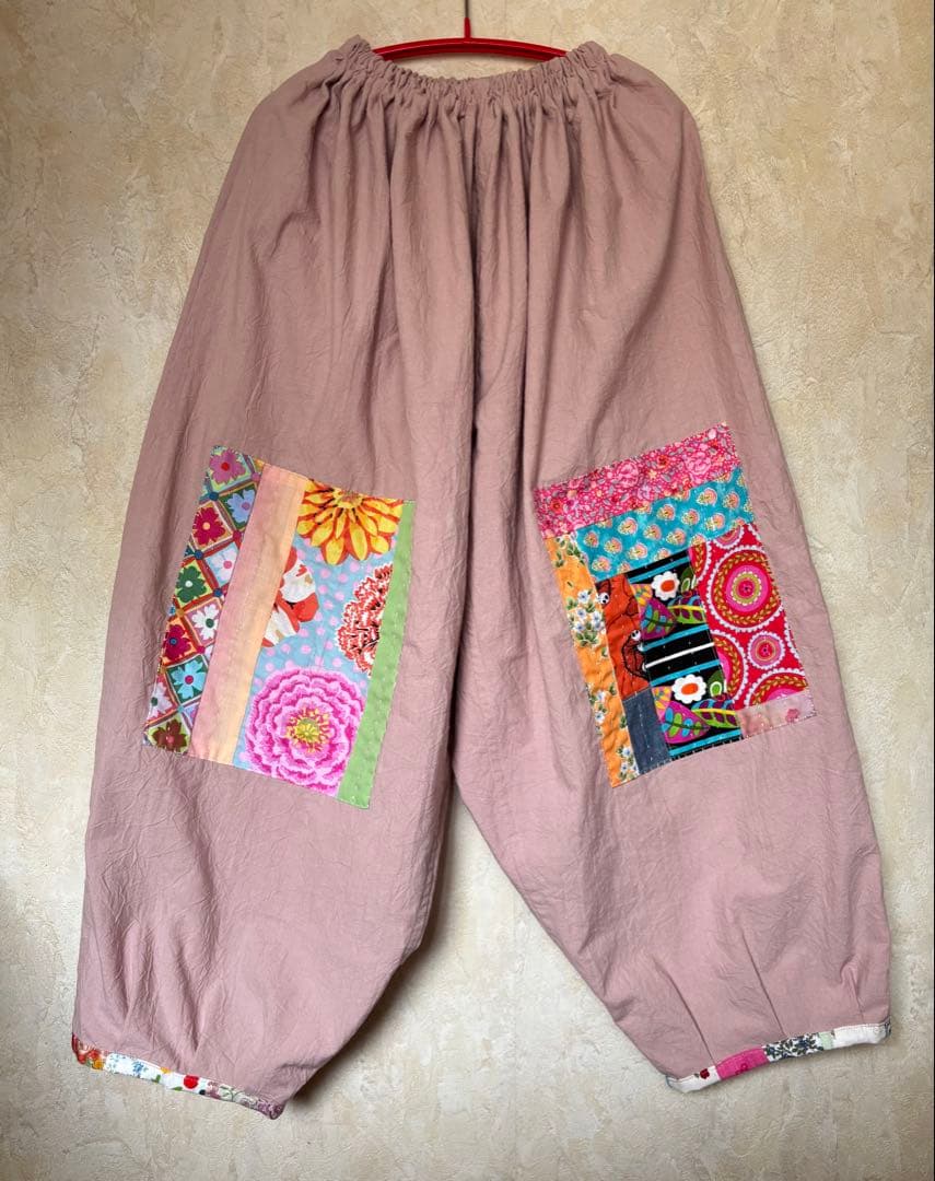 ちくちくもんぺパンツパッチワーク モーヴピンク色