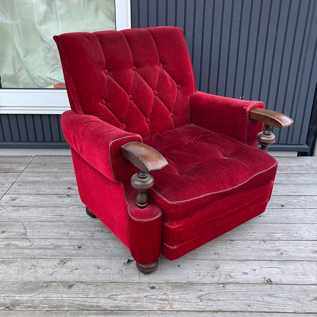 ② 昭和レトロ 古家具 一人掛けベロアソファー アームチェア ヴィンテージ 赤