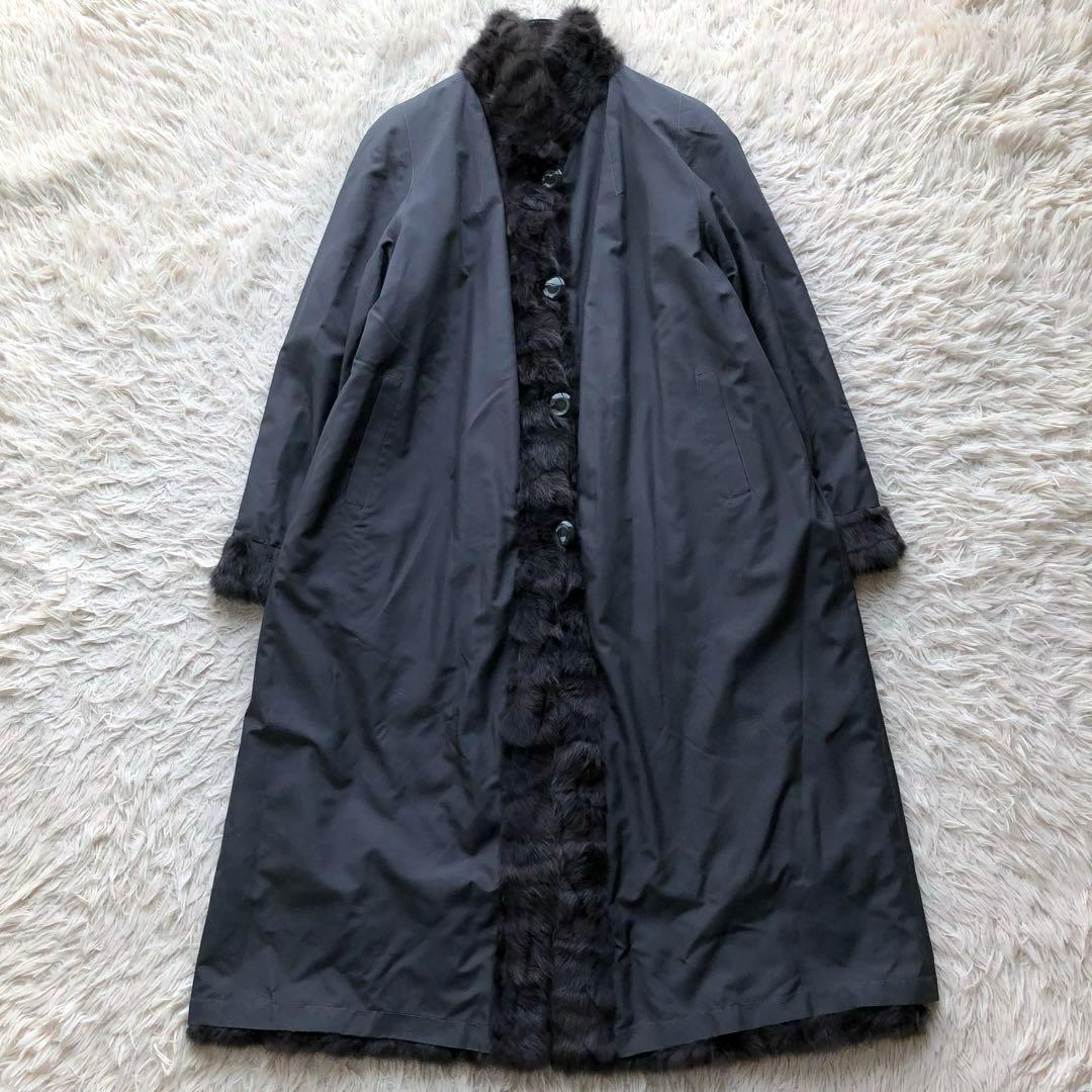 【超ロング】毛皮コート　ブルーパープル　ラビット　リバーシブル　シルク　総柄模様