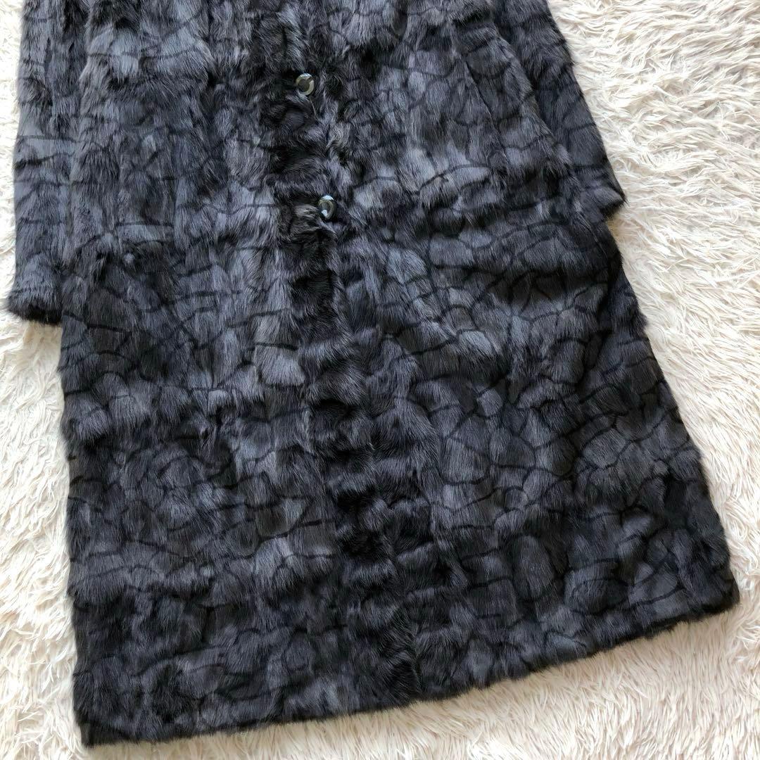 【超ロング】毛皮コート　ブルーパープル　ラビット　リバーシブル　シルク　総柄模様