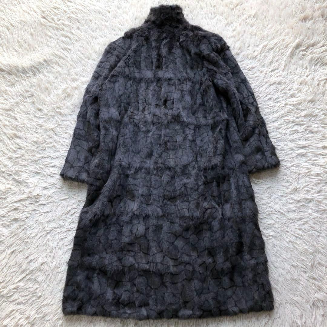 【超ロング】毛皮コート　ブルーパープル　ラビット　リバーシブル　シルク　総柄模様