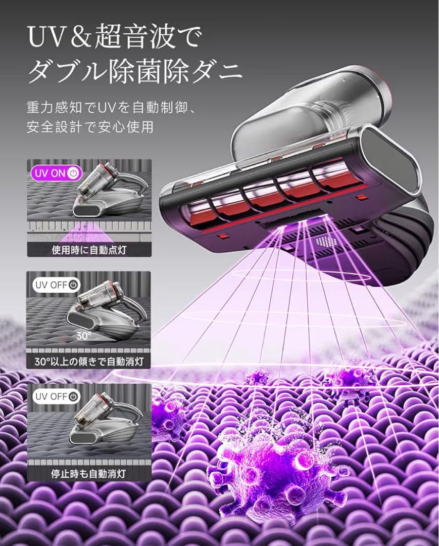 布団クリーナー 20KPa強力吸引 65℃熱風乾燥 UV除菌 超音波 ダニ対策