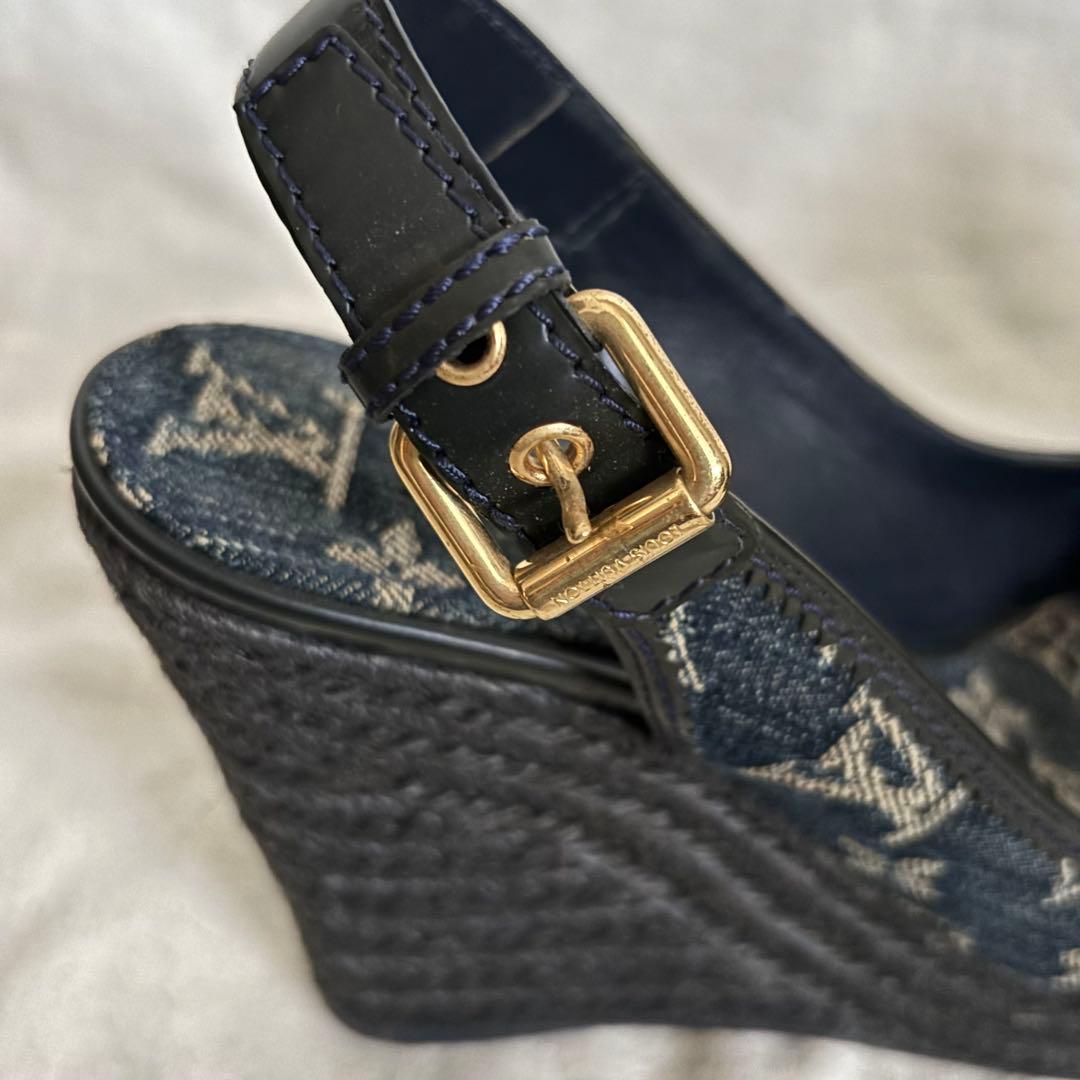 ルイヴィトン モノグラム デニム オープントゥ ウェッジソール サンダル38