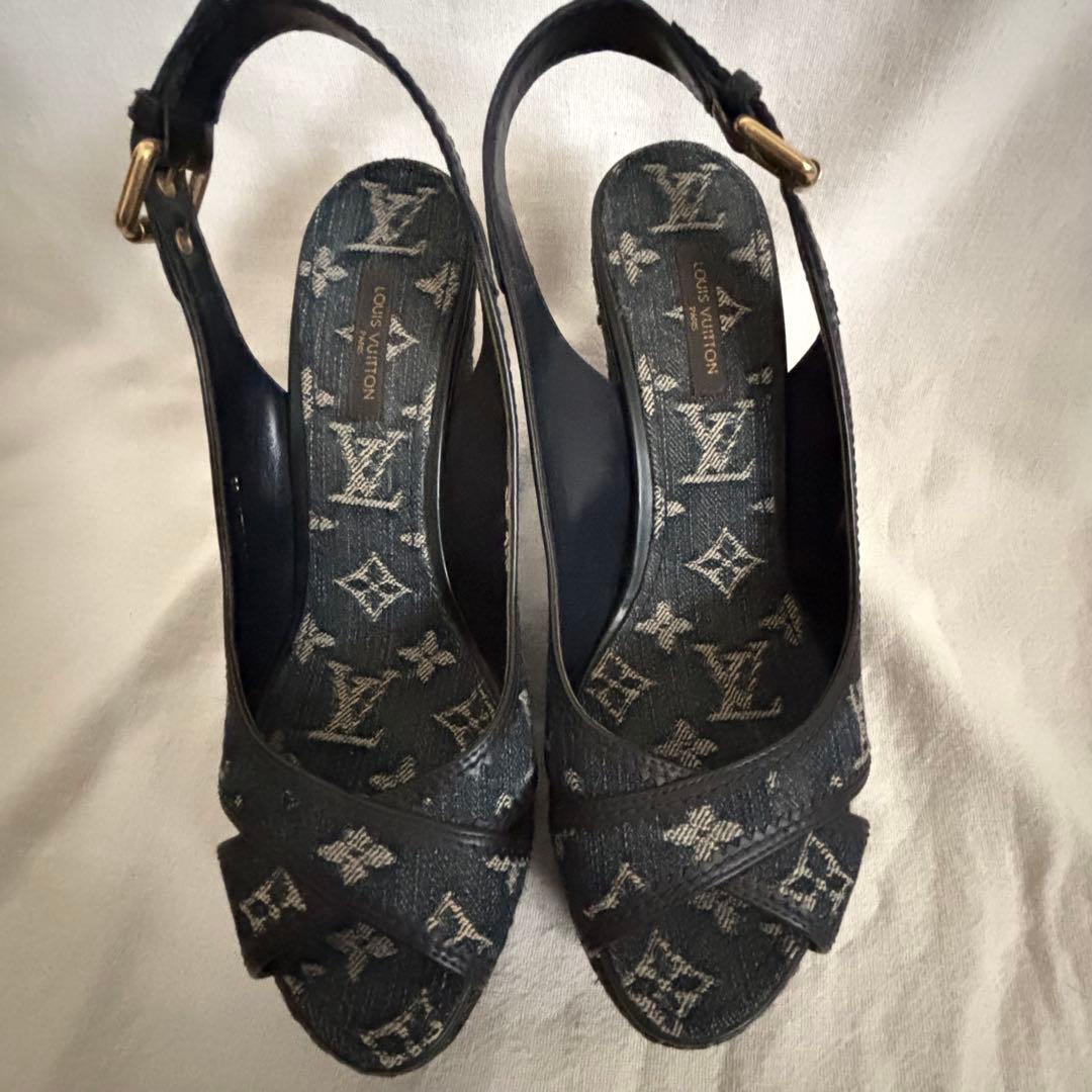 ルイヴィトン モノグラム デニム オープントゥ ウェッジソール サンダル38