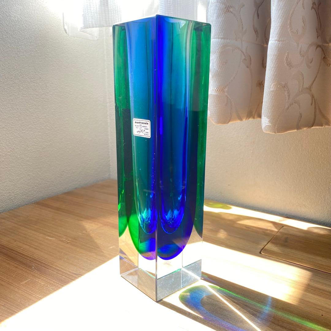 ソンメルソ　ムラーノ　青　緑　ムラノガラス　ベネチア　フラワーベース　四角