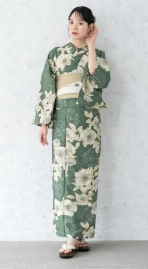 画像の帯つき◆◆ノー皺加工最高級クールパス◆モダン翡翠緑の花古典夏浴衣◆