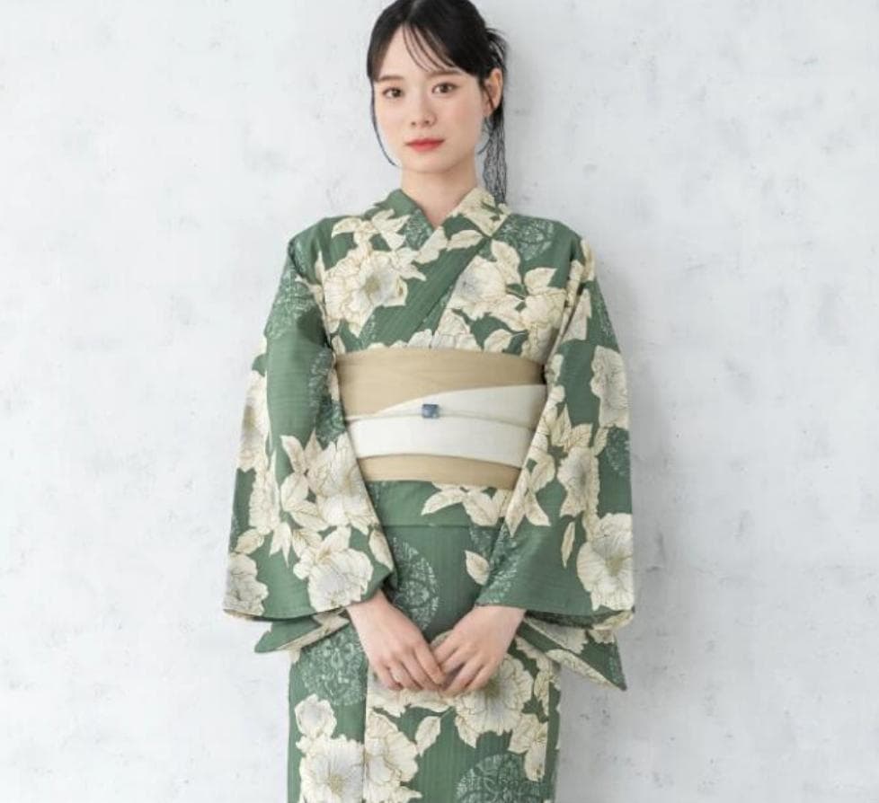 画像の帯つき◆◆ノー皺加工最高級クールパス◆モダン翡翠緑の花古典夏浴衣◆