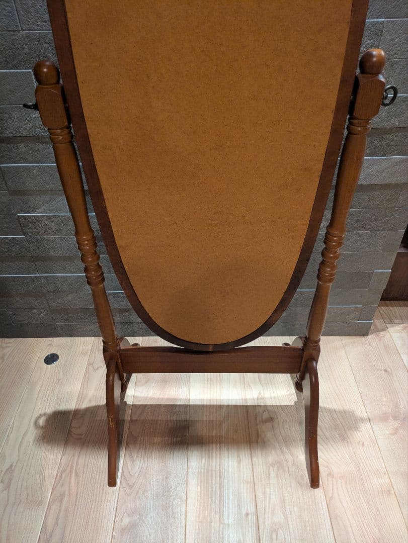 【アンティーク】ナチュラル木製スタンドミラー 姿見 全身鏡 オーバルデザイン