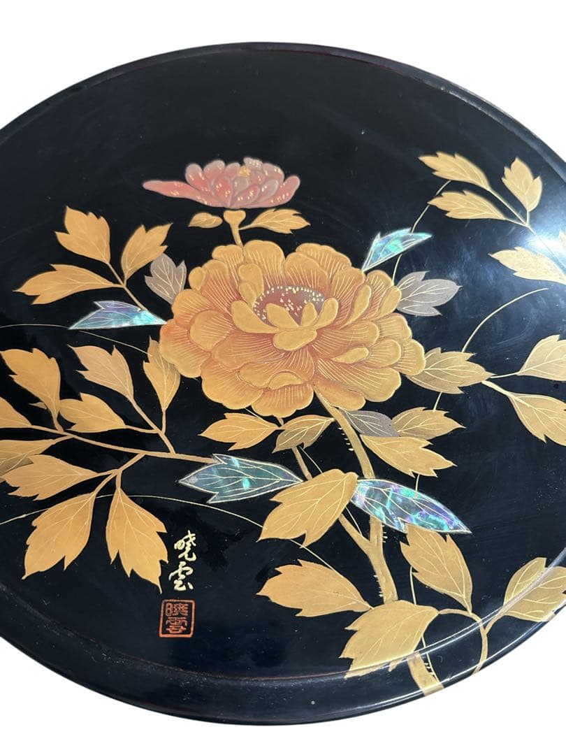 輪島塗 暁雲 茶びつ　本堅地布着 黒真塗 牡丹鈿入金蒔絵