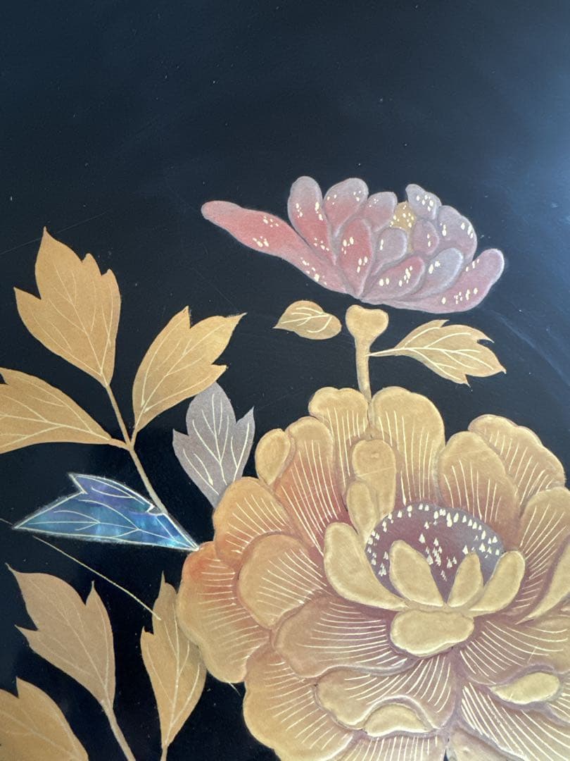 輪島塗 暁雲 茶びつ　本堅地布着 黒真塗 牡丹鈿入金蒔絵