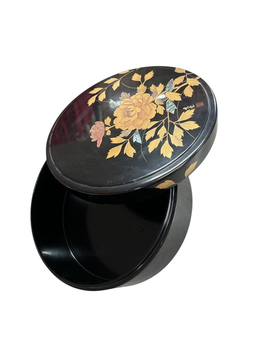 輪島塗 暁雲 茶びつ　本堅地布着 黒真塗 牡丹鈿入金蒔絵