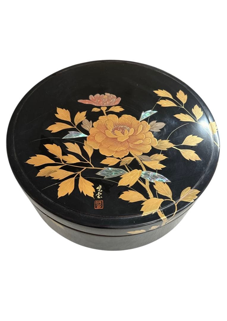 輪島塗 暁雲 茶びつ　本堅地布着 黒真塗 牡丹鈿入金蒔絵