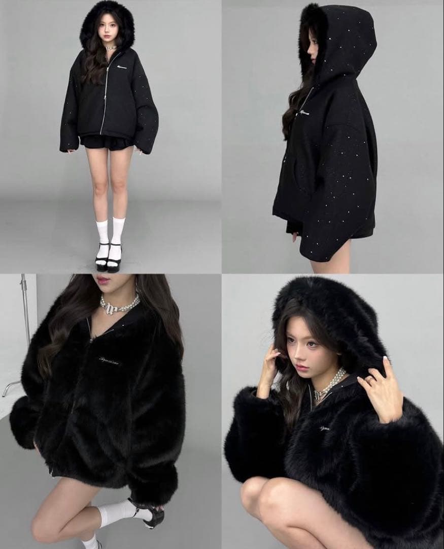 ANDWANG kirakira 2way fur zip up black 黒