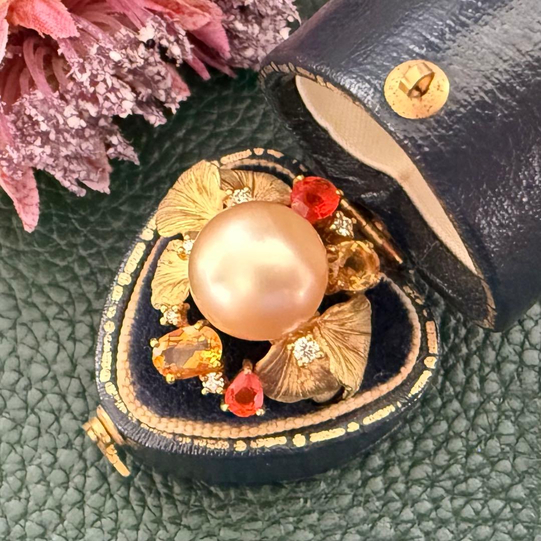 マイヤ様　k18YG南洋ゴールデンパールファイヤオパールダイヤシトリン彫金リング