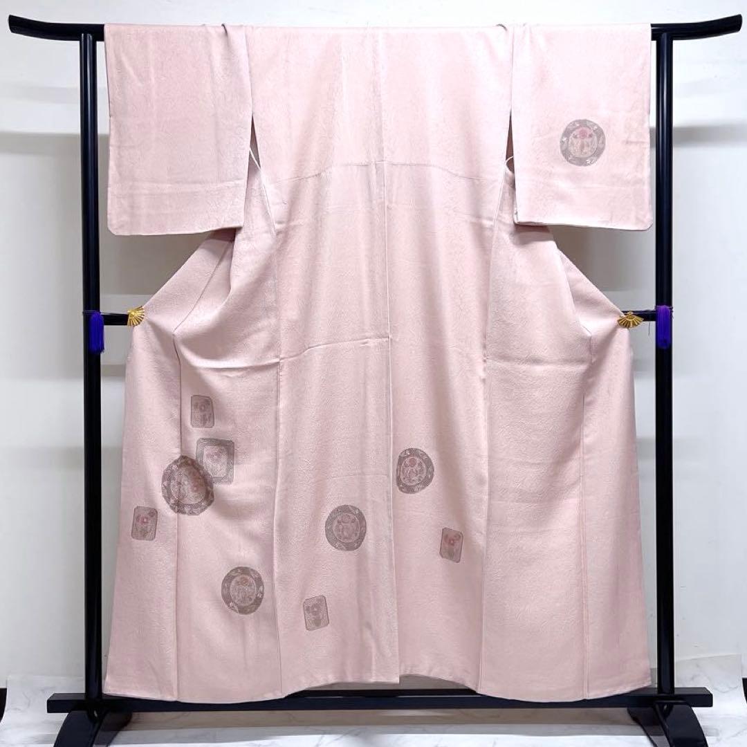 付け下げ　スワトウ刺繍　華紋　鏡裏文様　色紙　花模様　紋無し　着物　043k d