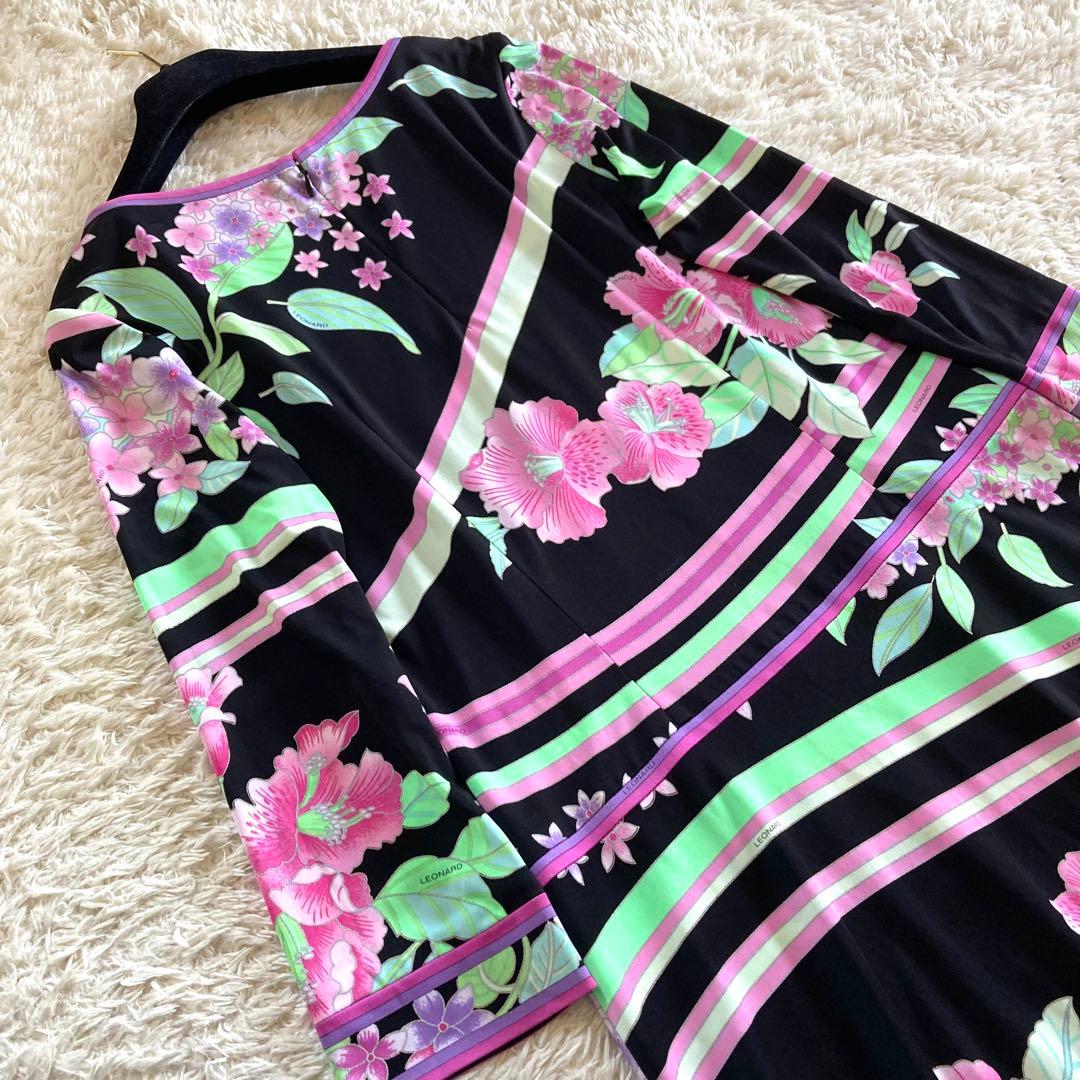 【極美品/近年】レオナール カンカン ボタニカル 花柄トリム フレアワンピース