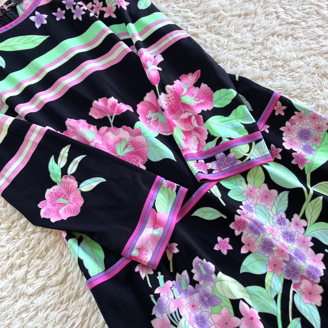 【極美品/近年】レオナール カンカン ボタニカル 花柄トリム フレアワンピース