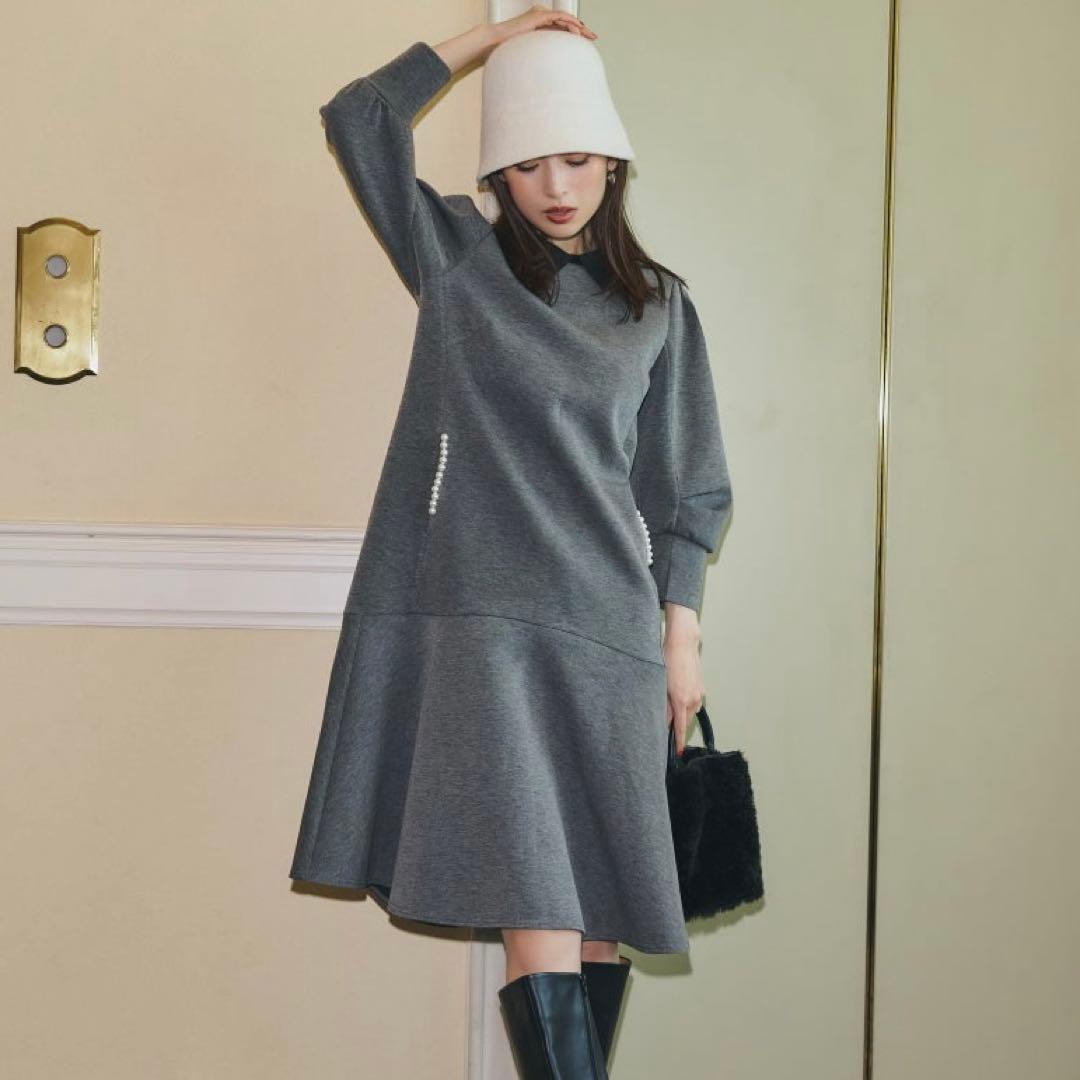 美品♡ ストラ 2way 衿取り外しパール付き ワンピース フレア グレー 38