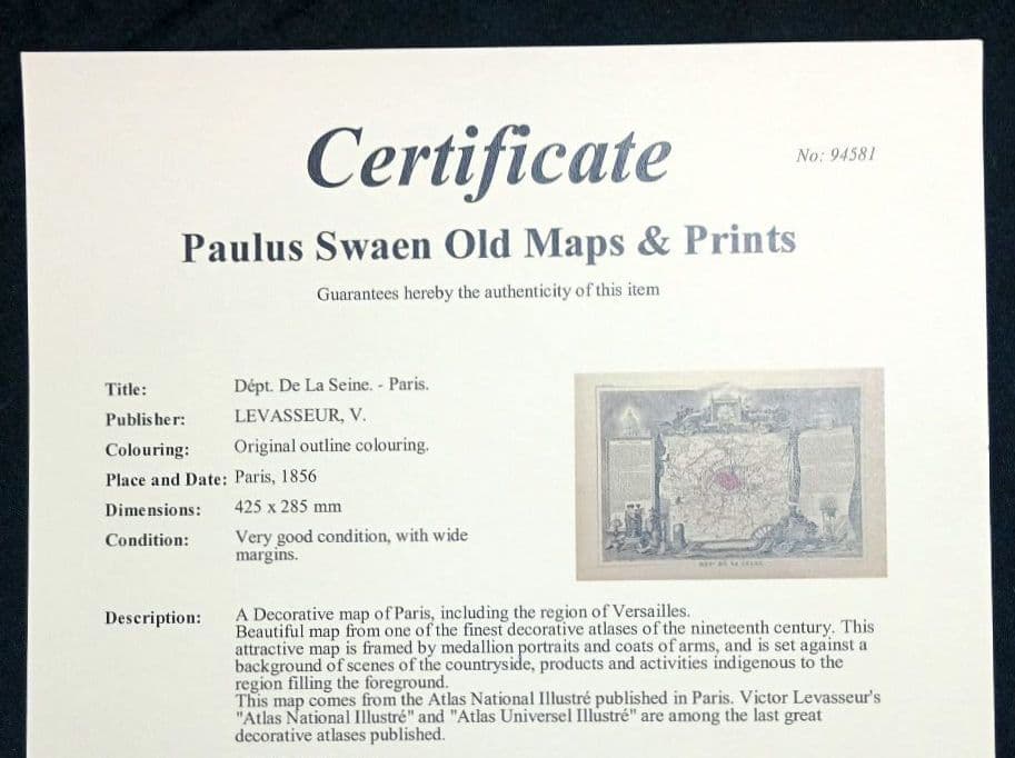 みや　額装　西洋古地図　1856年　 Levasseur 「パリ全図」美品