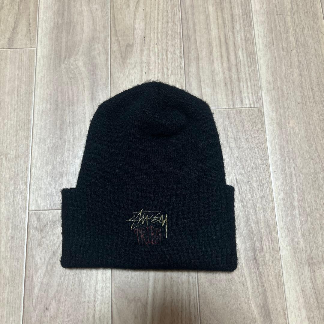 80s old stussy ステューシー　ビーニー　ニット帽　刺繍ロゴ　黒